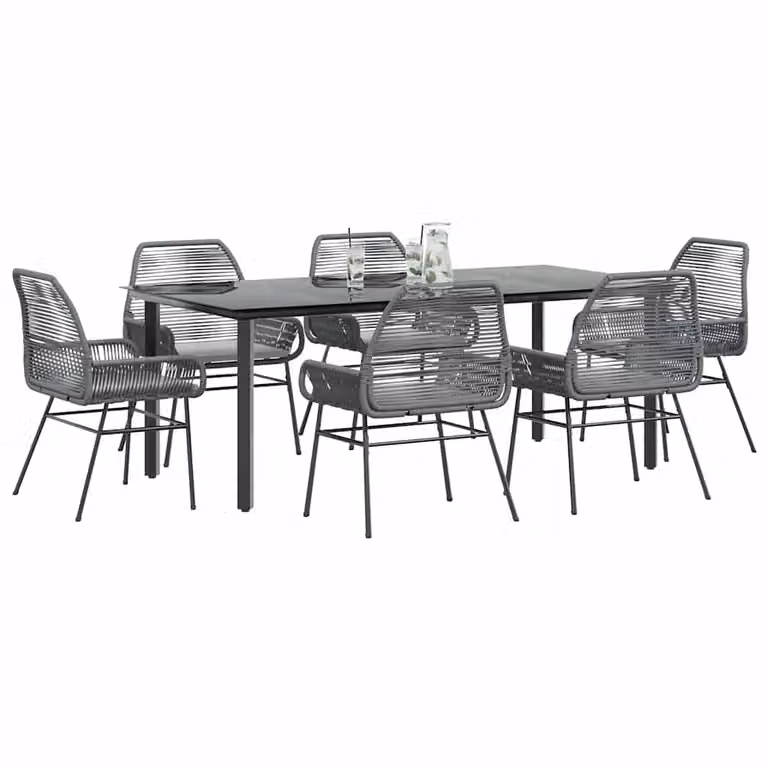 Set da pranzo da giardino vidaXL in polyrattan con tavolo in vetro e 7 pezzi, grigio e nero