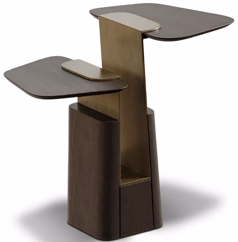 Tavolino di design in stile Japandi, in legno marrone, moderno ed elegante.