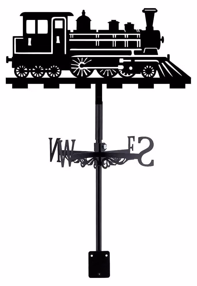 Segnavento in metallo a forma di locomotiva, colore nero, dimensioni 35,8 x 24,7 cm