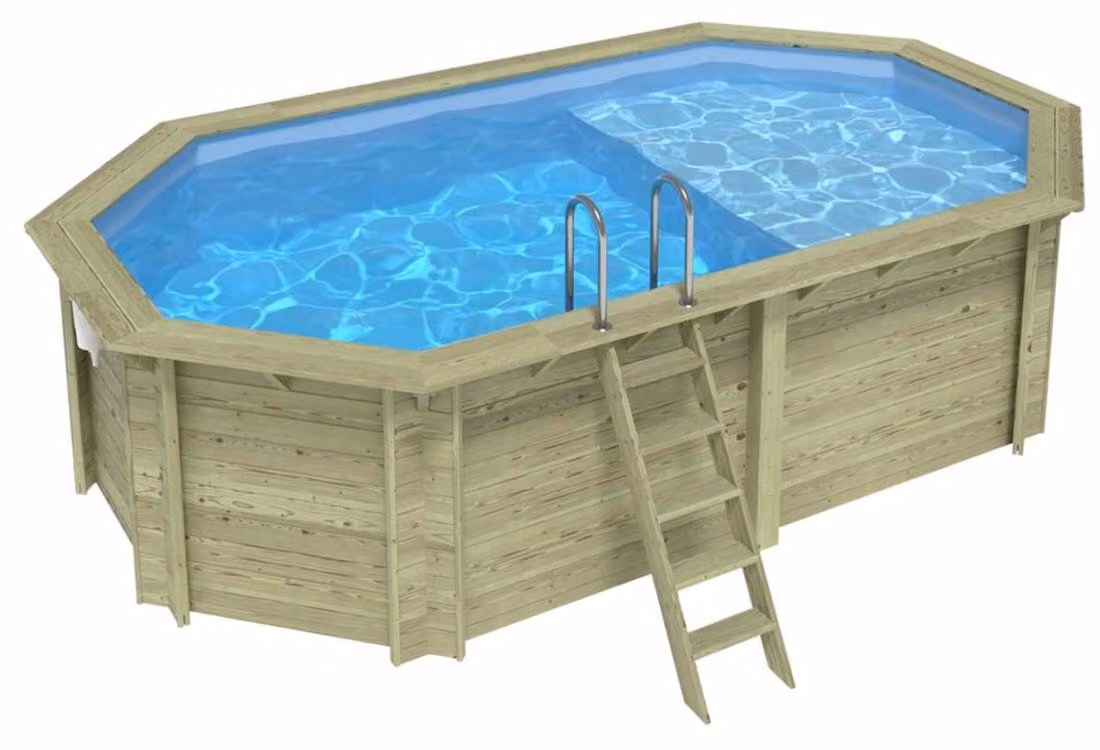 Piscina in legno NEMO 5.79 x 3.49 – H.1.45 m con spiaggia, azzurro chiaro, Su telaio - senza cementazione