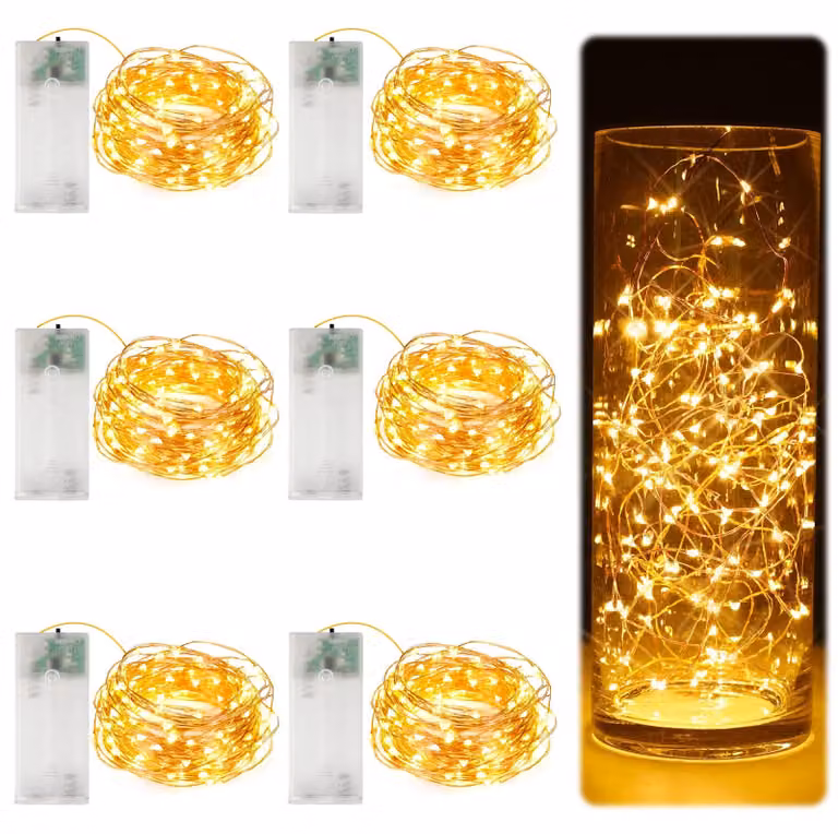 Catena luminosa a LED, set da 8, lunghezza 2 metri, 20 LED, luce bianco caldo, con timer, alimentazione a batteria