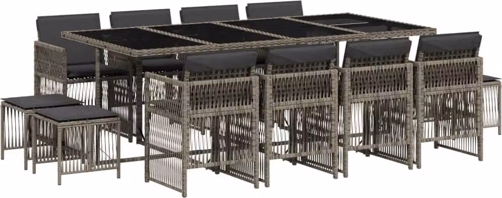 Set da Pranzo da Giardino 13pz con Cuscini Grigio in Polyrattan