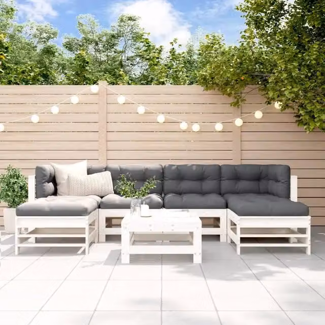 Set di Divani da Giardino a L con Cuscini vidaXL in Legno Massello di Pino Bianco e Antracite, 7 Pezzi – 1