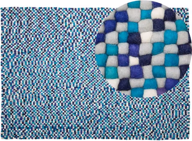 Tappeto Beliani Blu Multicolore in Lana e Feltro Intrecciato a Mano L: 160 cm, P: 230 cm – 1