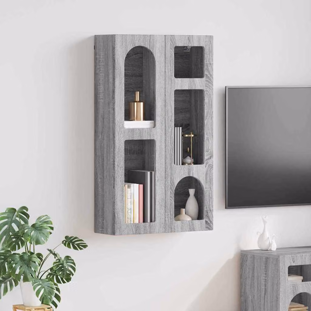 Armadio pensile vidaXL ELST grigio con ante in vetro e ripiani interni L: 59 cm, P: 20 cm, H: 100 cm