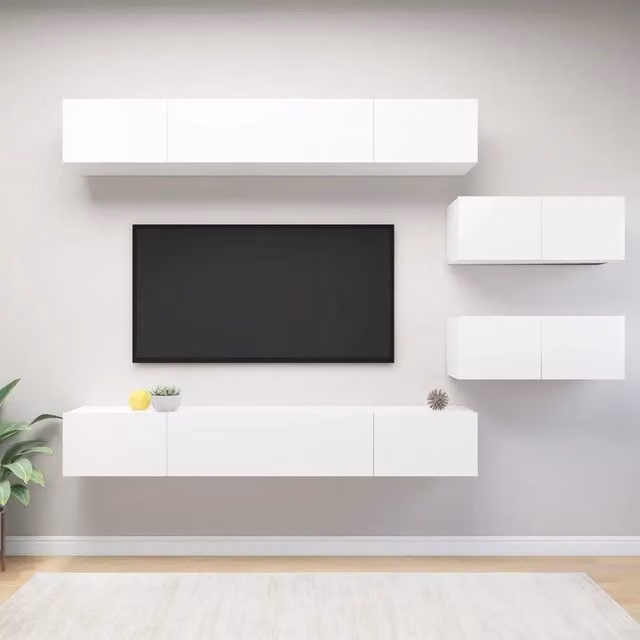 Set di mobili porta TV moderno vidaXL in legno bianco lucido composto da 6 pezzi con scomparti multimediali da appendere alla parete – 1