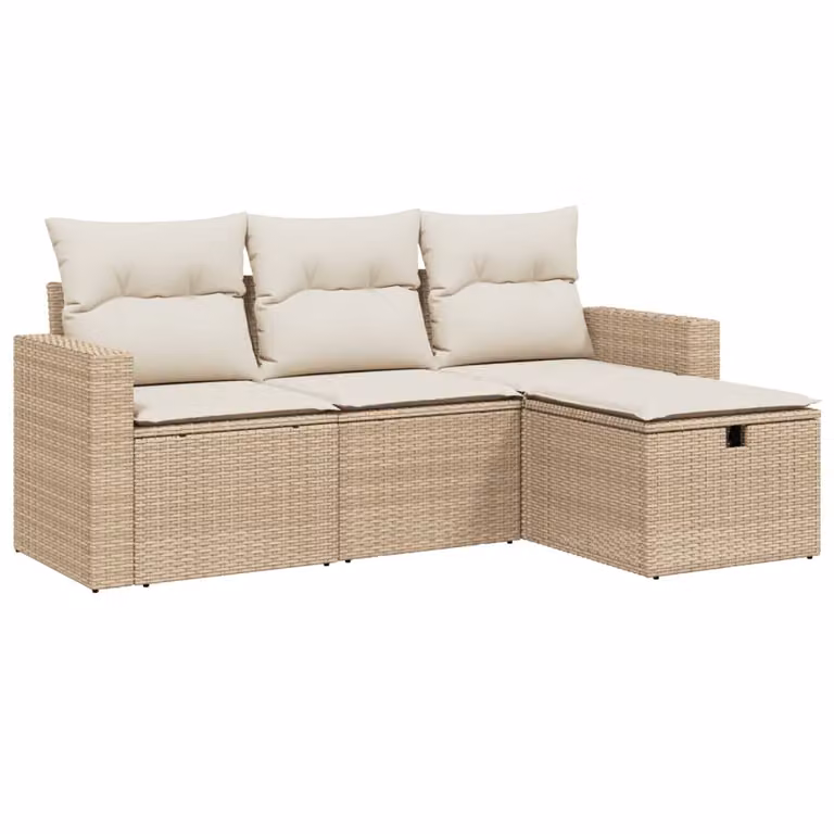 Set Divano da Giardino 4 pz con Cuscini Beige in Polyrattan