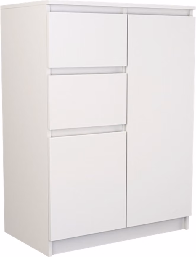 Comodà con 2 cassetti e 2 ante, 70x97x40 cm (L/A/P), modello stretto, bianco; credenza alta, credenza, mobile multiuso, mobile da camera da letto