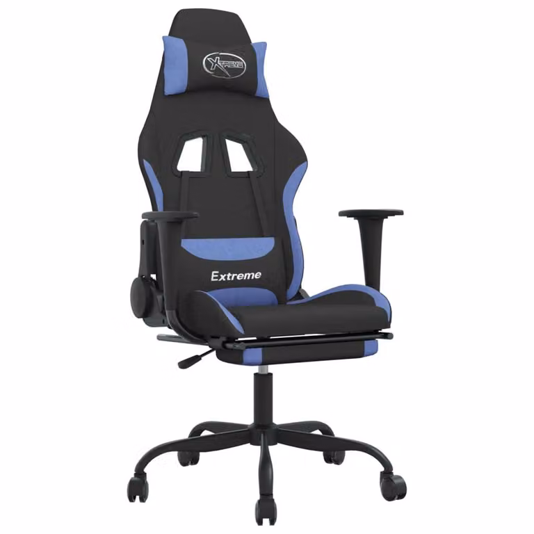 Sedia da Gaming con Poggiapiedi Nero e Blu in Tessuto