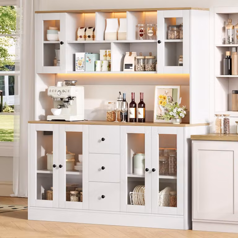 Armadio vetrina per cucina con illuminazione a LED e prese di corrente, 6 ante in acrilico, mobiletto da cucina con 3 cassetti, mobiletto alto per ripostiglio, colore bianco