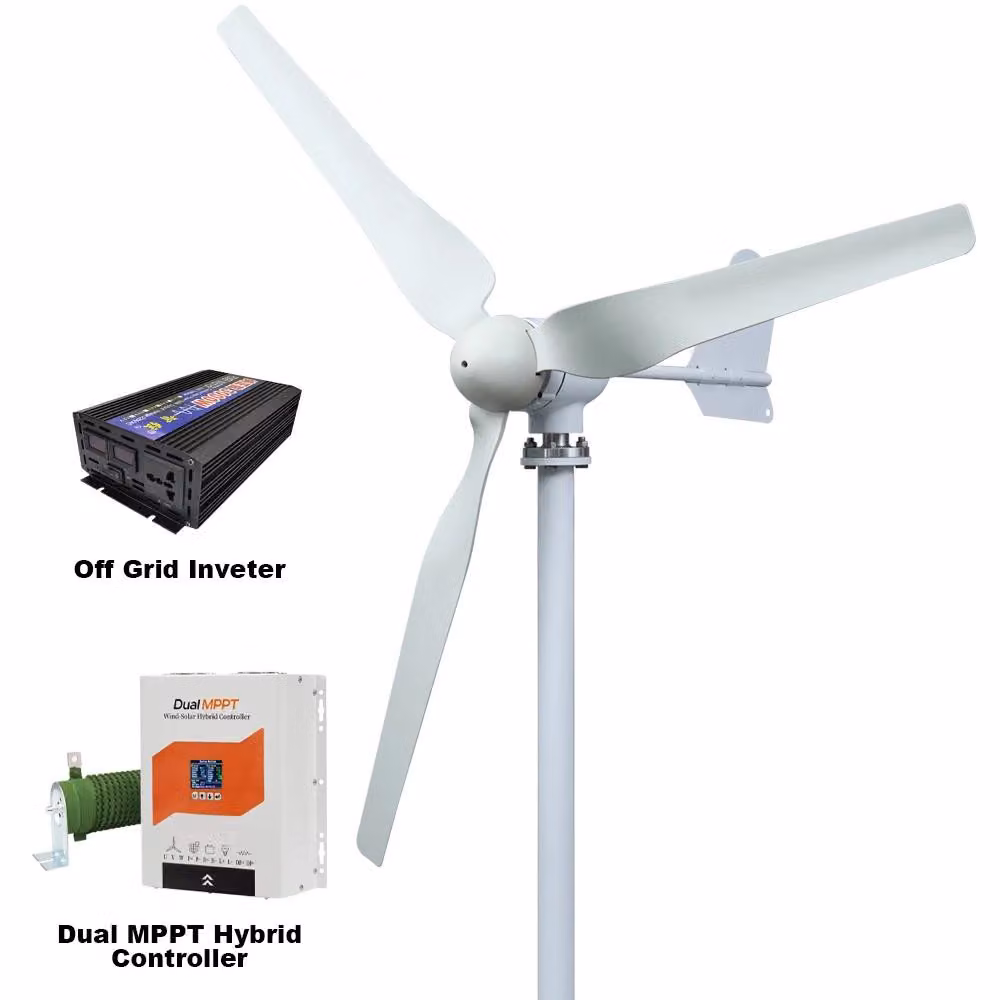 Turbina eolica orizzontale - Generatore eolico SM3-5000 - 5000 W - 48 V - 3 pale - Silenzioso - Con sistema di inverter - Bianco