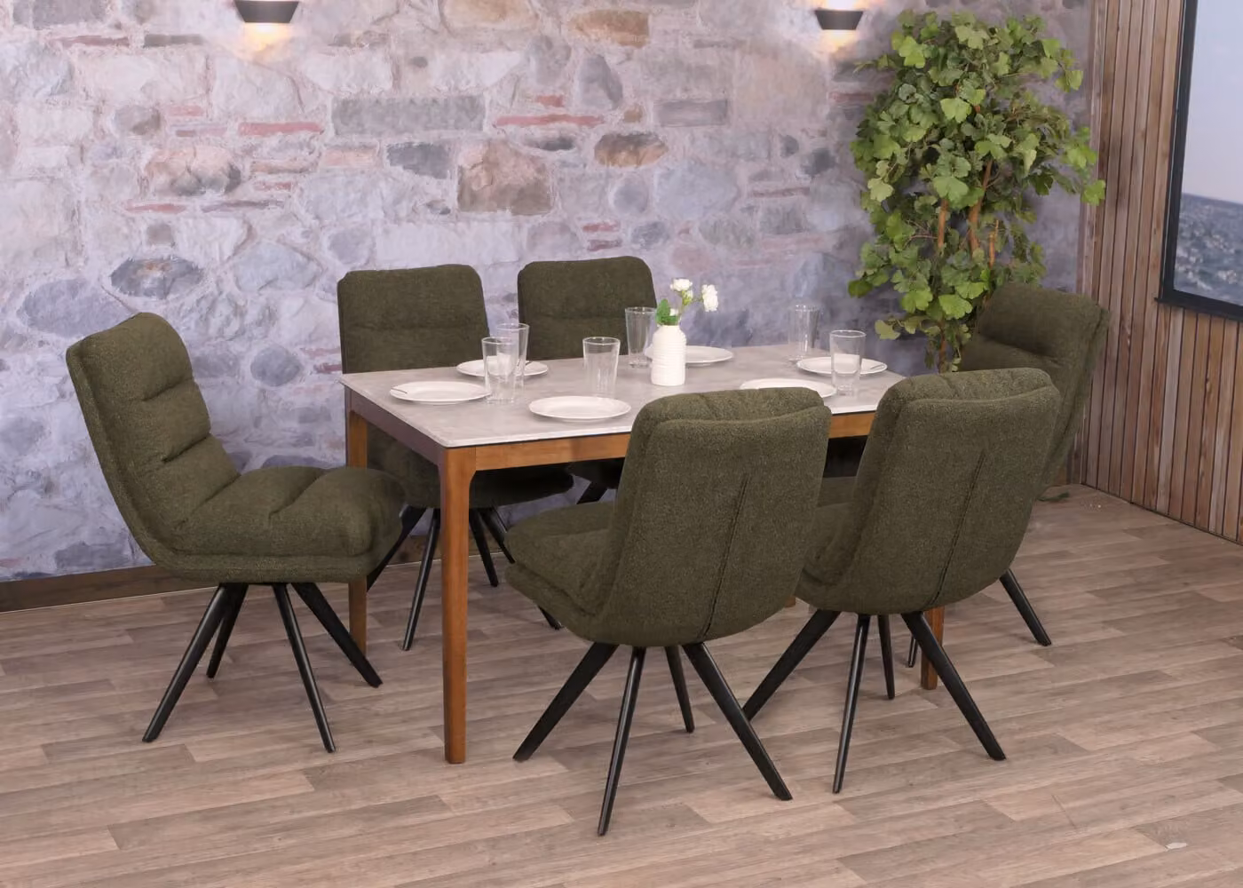 set di 6 sedie da pranzo HWC-G66, sedia da cucina, posizione girevole automatica tessuto/tessuto bouclé MVG ~ verde