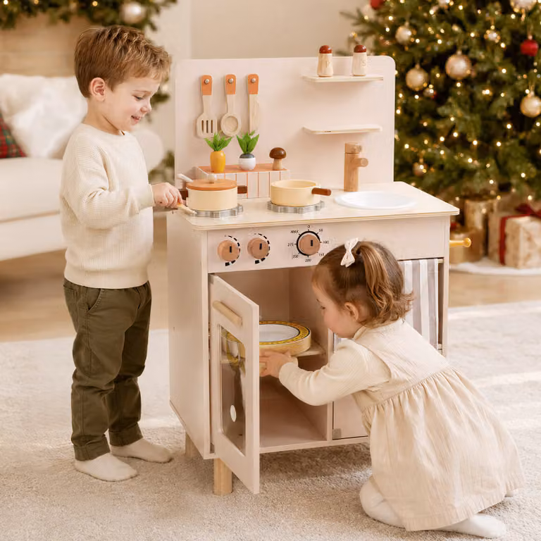 Cucina giocattolo in legno Costway con fornello, lavello e accessori, colore beige
