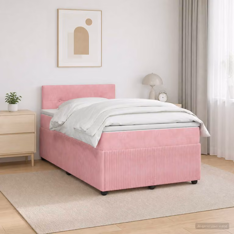 Letto box spring con materasso ibrido vidaXL in velluto rosa, con illuminazione sottostante e porta USB, L/P: 120 x 200 cm