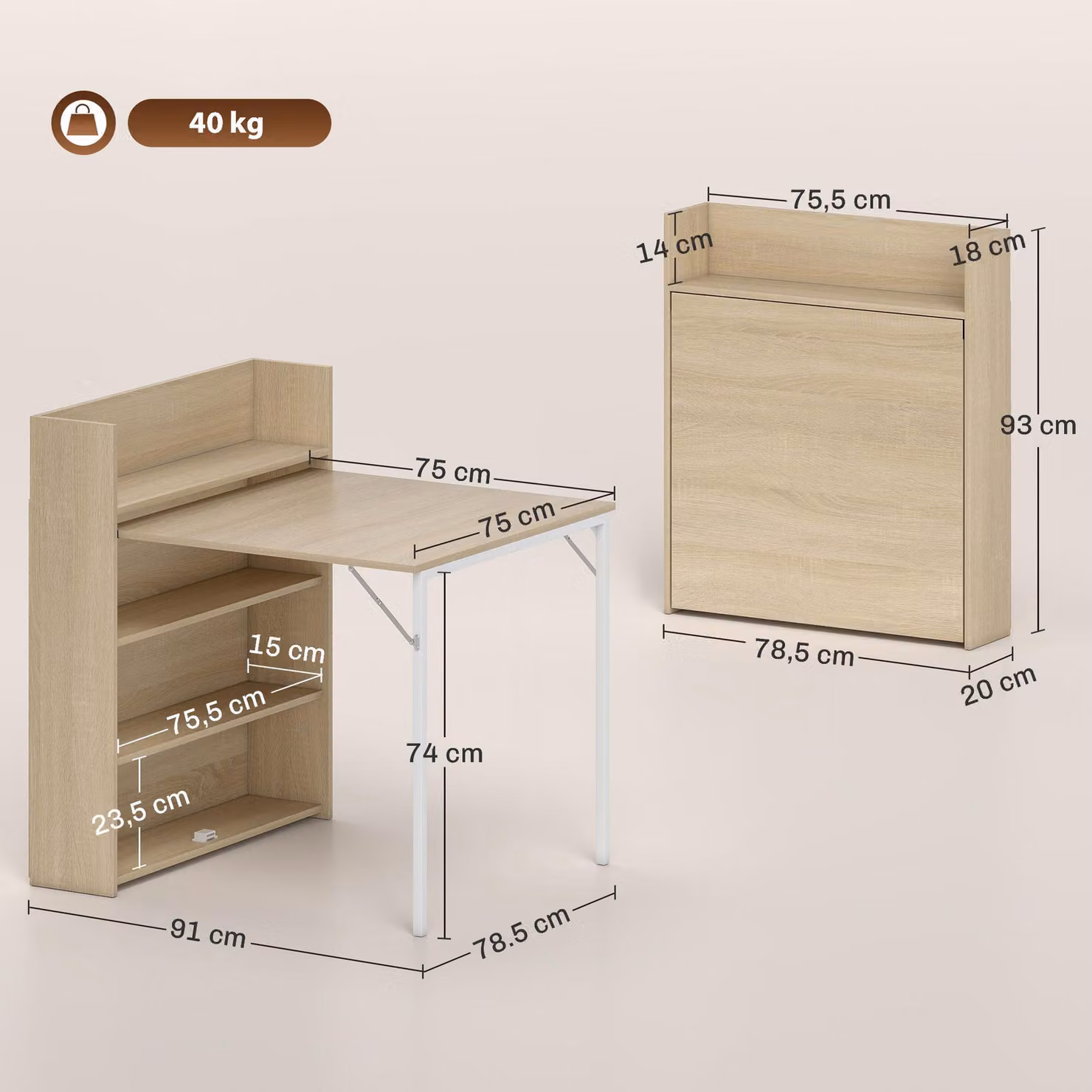 HOMCOM Tavolo da pranzo pieghevole con mensola, 78,5 x 91 x 93 cm, rovere