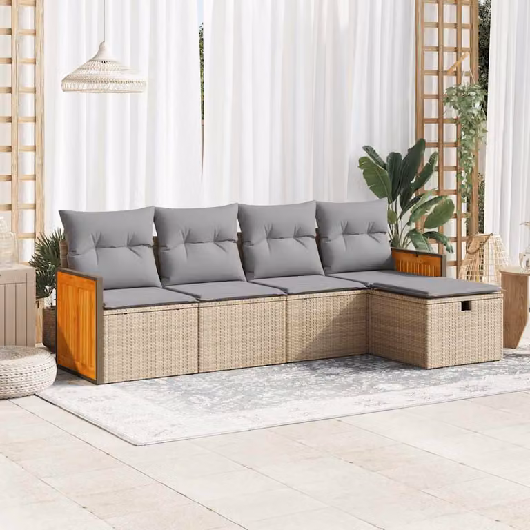 vidaXL Set Divano da Giardino a L in Polyrattan con Cuscini Beige e Struttura in Acciaio e Legno di Acacia