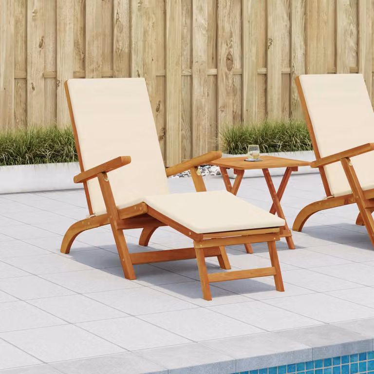 Set di 2 lettini prendisole reclinabili e pieghevoli vidaXL in legno di acacia con poggiatesta regolabile e braccioli, Bianco Crema