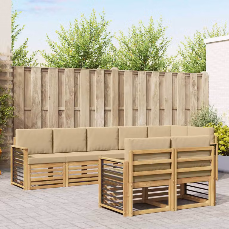 Set di divani da esterno vidaXL a forma di L composto da 8 pezzi in legno di acacia con cuscini bianchi e beige