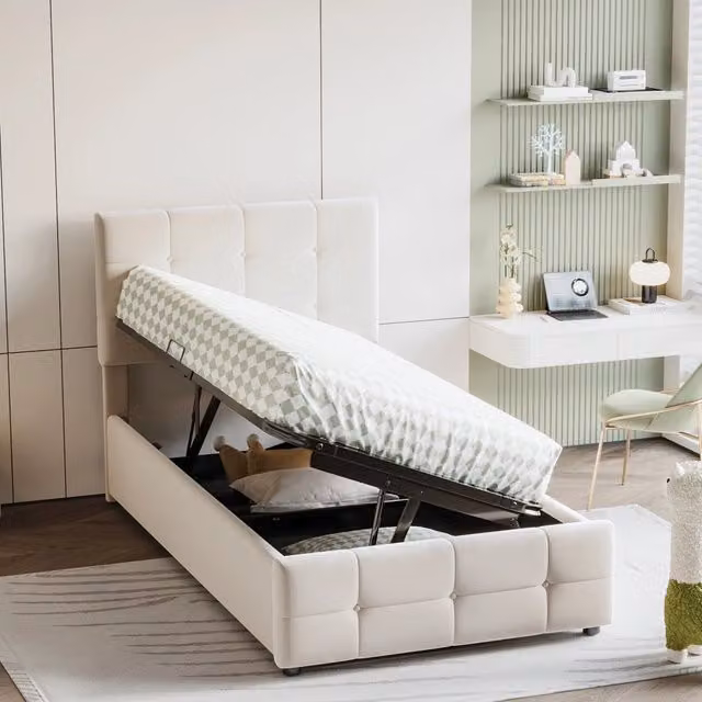 Letto bambino contenitore in velluto beige con rete sollevabile e testiera regolabile L/P/H: 200 x 90 x 105 cm