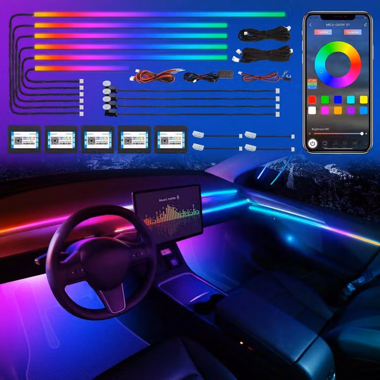 Illuminazione interna per auto a LED, controllo tramite app, RGB, 14 colori, 600 LED, 445 cm, doppia zona, sensore musicale