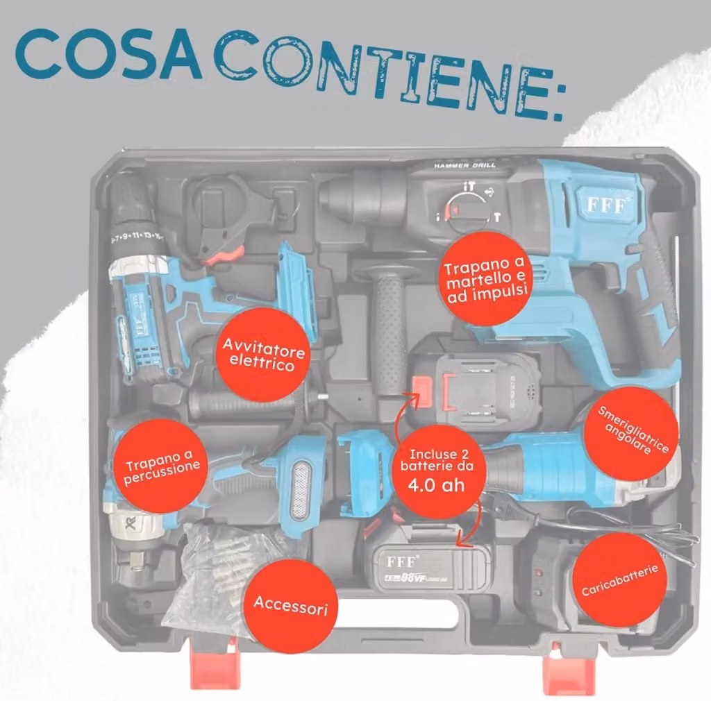 Kit Completo Professionale 4 in 1 con Trapano Avvitatore a Batteria De Rosa Blu – 2