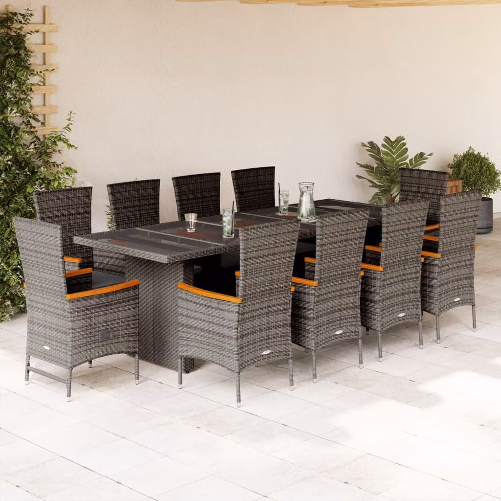 Set da Pranzo da Giardino vidaXL in Polyrattan e Legno di Acacia con Cuscini, 11 Pezzi, Grigio