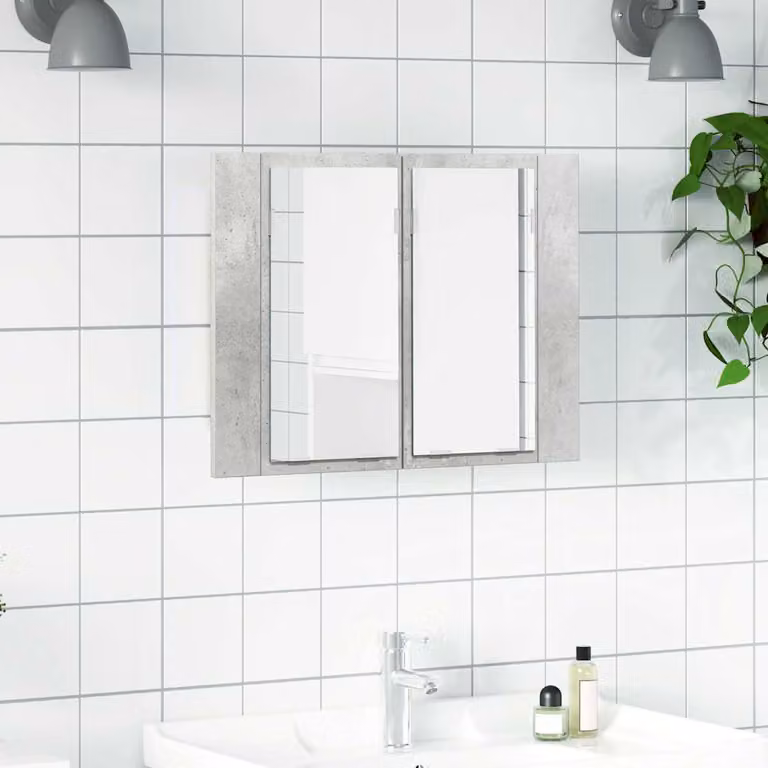 Armadietto a specchio con luci LED vidaXL Grigio Cemento per bagno, con ripiani interni e montaggio a parete