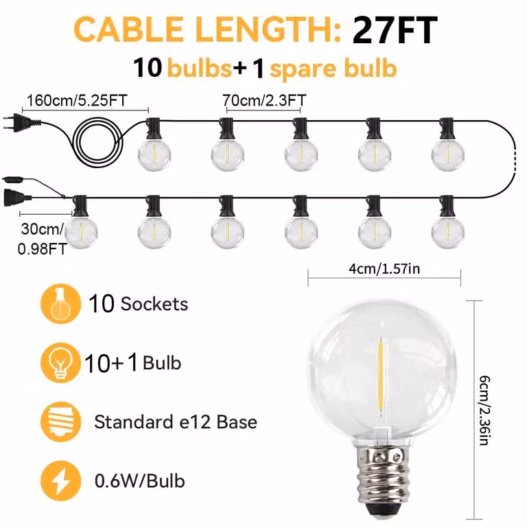 Catena luminosa LED G40 - Illuminazione per esterni - 10 lampadine - 8,23 metri - Grado di protezione IP44 - 220 V - Spina di tipo EU