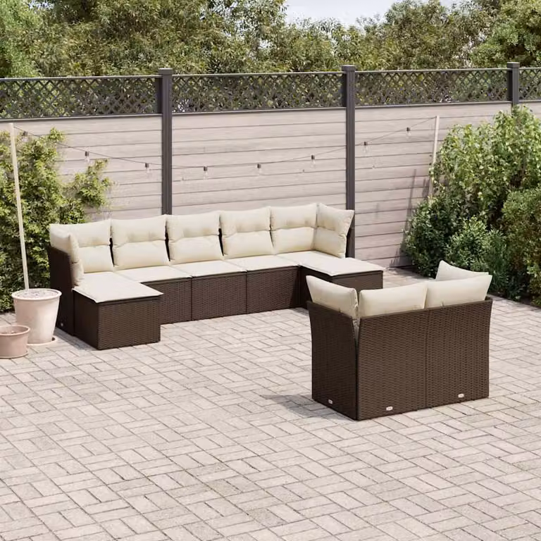 Set di divani da giardino vidaXL a forma di U composto da 9 pezzi con cuscini marroni e bianchi in rattan e metallo