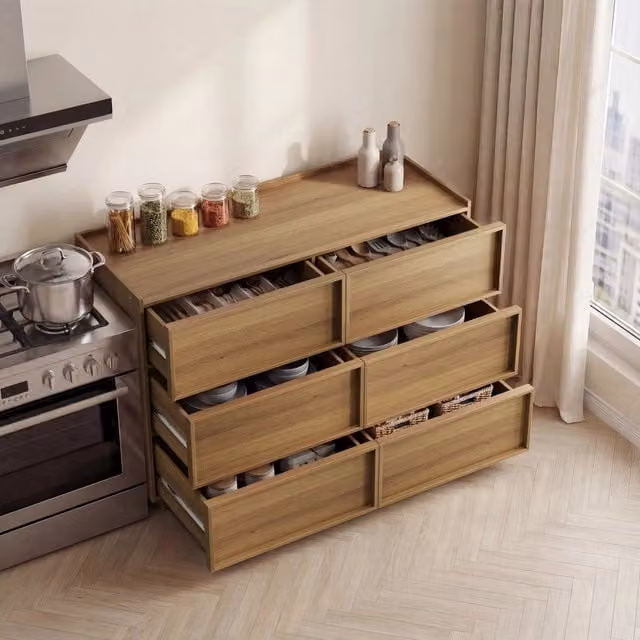 Cassettiera MIVRAY con sei cassetti in MDF e pannello truciolare color rovere per camera e soggiorno L: 115 cm, P: 48 cm, H: 78 cm