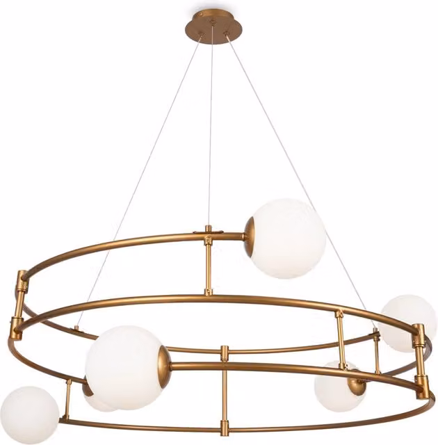 Lampadario a sospensione Maytoni Balance con 6 luci in ottone e sfere bianche in vetro