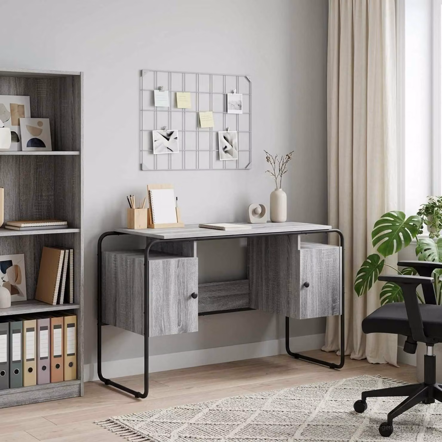 Scrivania moderna vidaXL con spazio di archiviazione e doppio piedistallo, colore grigio, L: 120 cm, P: 60 cm, H: 75,5 cm
