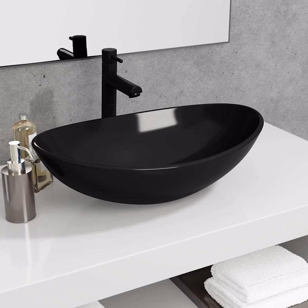 Lavandino da appoggio ovale in vetro temperato vidaXL Nero L: 54,5 cm, P: 35,0 cm, H: 15,5 cm