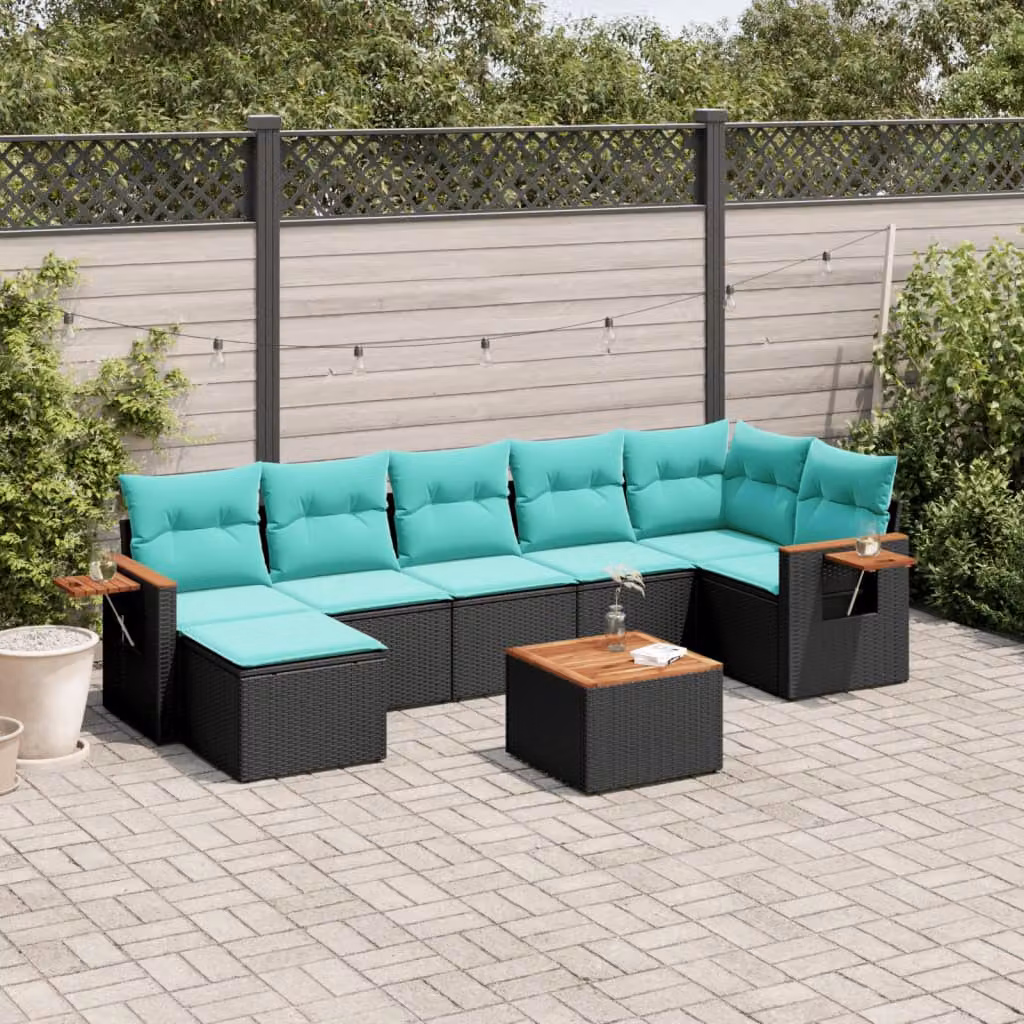 vidaXL Set Divani da Giardino a L 8 pz in Polyrattan Nero con Cuscini e Tavolino da Esterno – 1