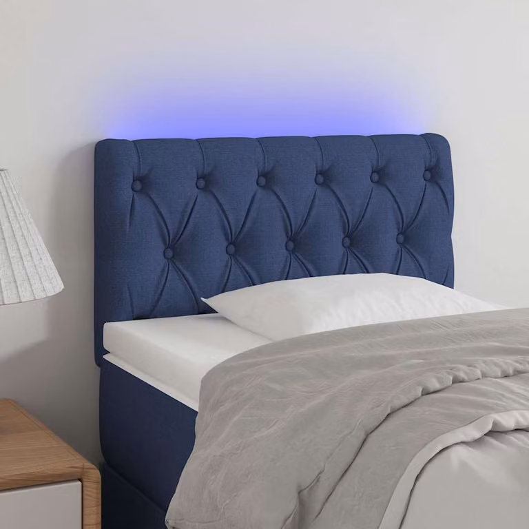 Testiera per letto vidaXL in tessuto blu con illuminazione LED integrata e porta di ricarica USB, L: 80 cm, P: 7 cm, H: 78-88 cm