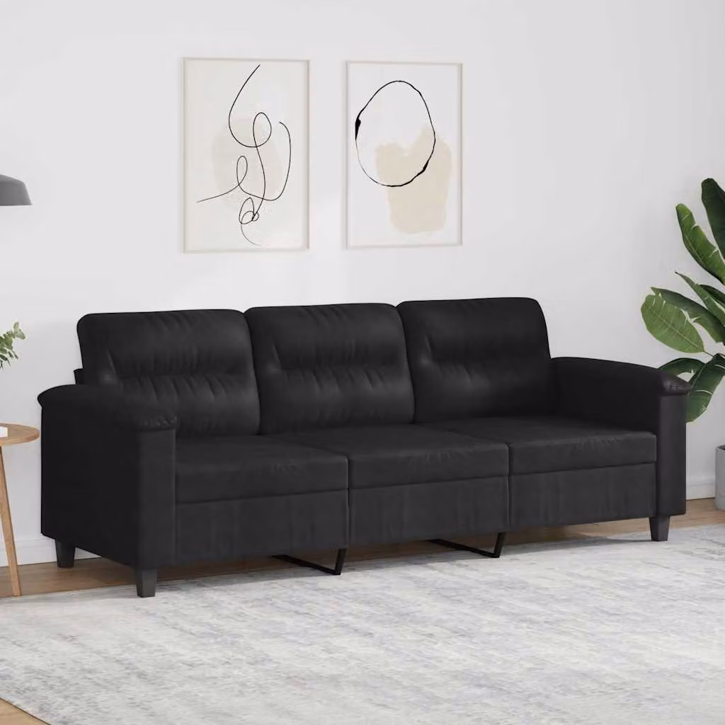 vidaXL Divano a 3 Posti Moderno in Microfibra Nero L: 210 cm, P: 80 cm, H: 77 cm