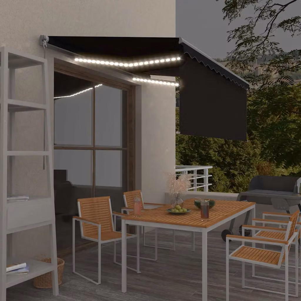 vidaXL Tenda da Sole Retrattile Manuale con LED in Poliestere e Alluminio, Antracite, L: 350 cm, P: 250 cm