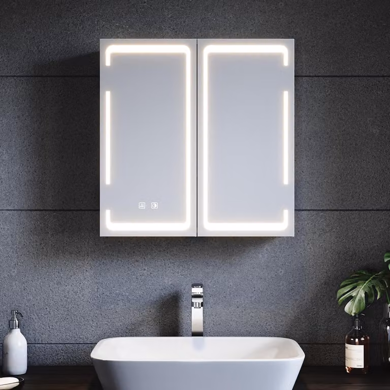 SONNI Armadio a specchio in metallo con illuminazione a LED 59x60x14 cm, interruttore dual-touch dimmerabile, 2 porte, struttura con cerniere senza fili Armadio a muro, Armadio da bagno, Presa per rasoio, Divisori regolabili