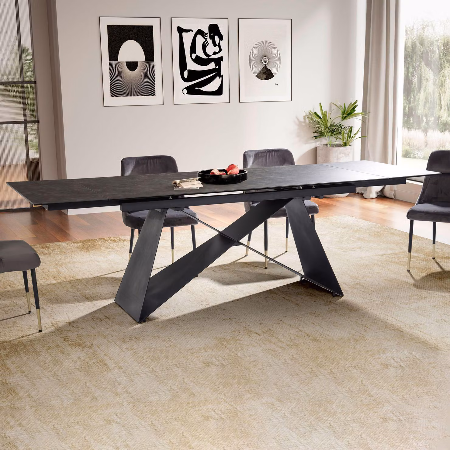 Tavolo da pranzo allungabile FineBuy 180–260 cm, piano in vetro-Vetroceramica nero, tavolo da pranzo moderno con base a X in metallo – resistente ai graffi, al calore e di facile manutenzione
