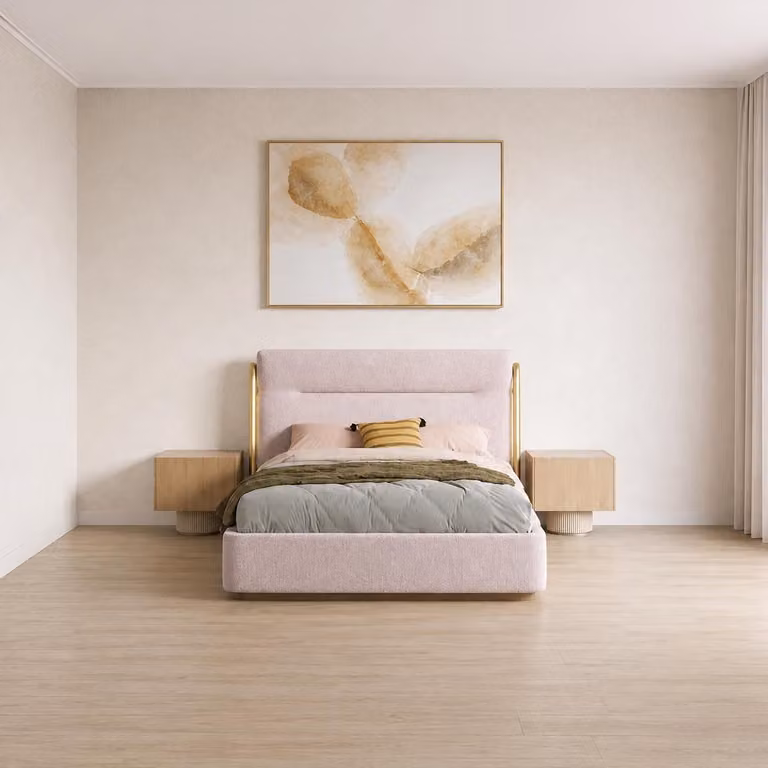 Set moderno per camera da letto, completo di letto imbottito e 2 comodini, color beige