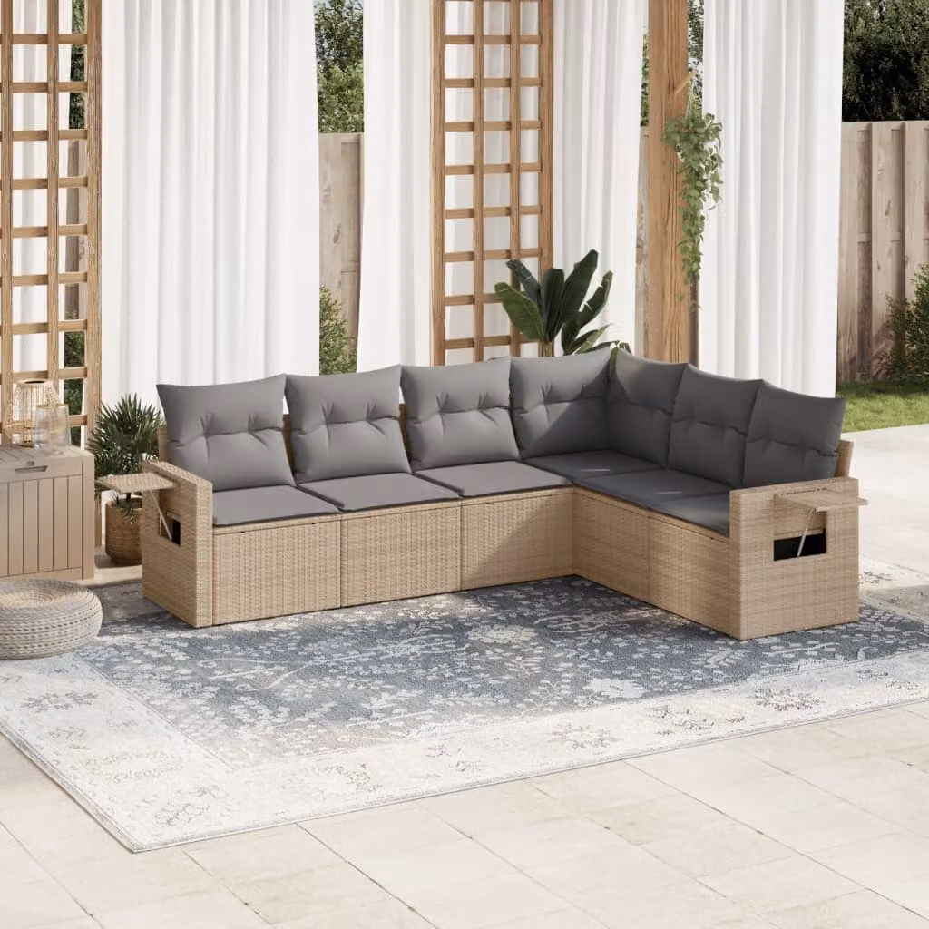 Set Divano da Giardino vidaXL 6 pz in Polyrattan Beige con Cuscini e Tavolino da Esterno – 1