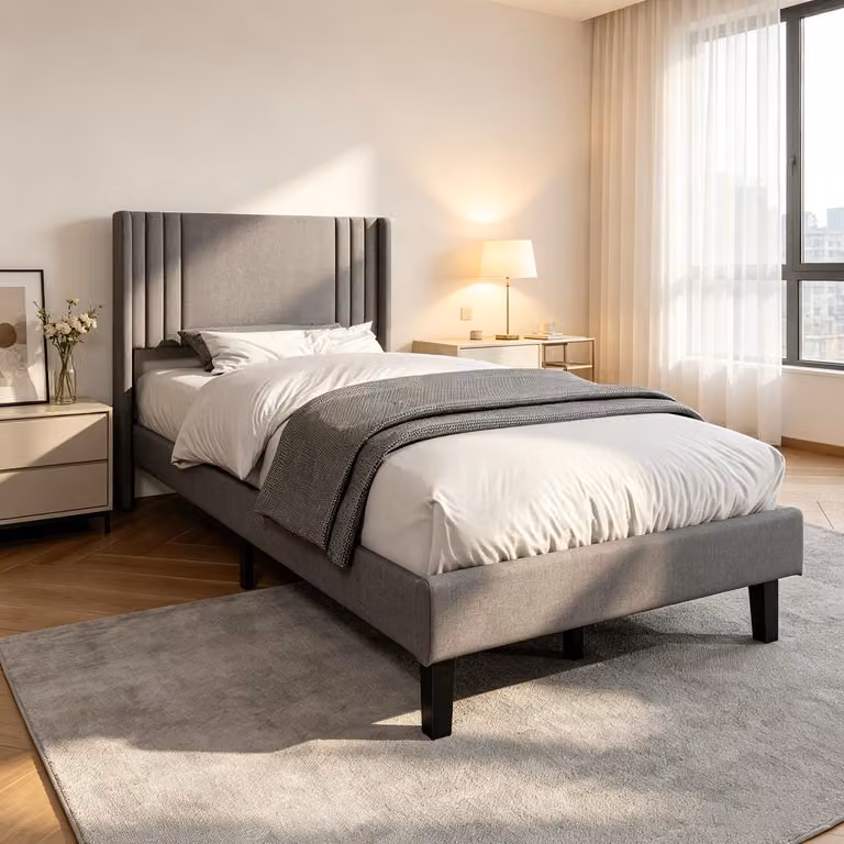 Letto a molle insacchettate INONEFT, struttura imbottita, 90x200 cm, letto singolo con rete a doghe – Struttura robusta in legno e metallo, letto per giovani con testiera, grigio, tessuto in lino
