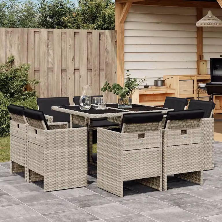 Set da pranzo da giardino vidaXL in polyrattan con cuscini e piano in vetro, 9 pezzi, grigio antracite