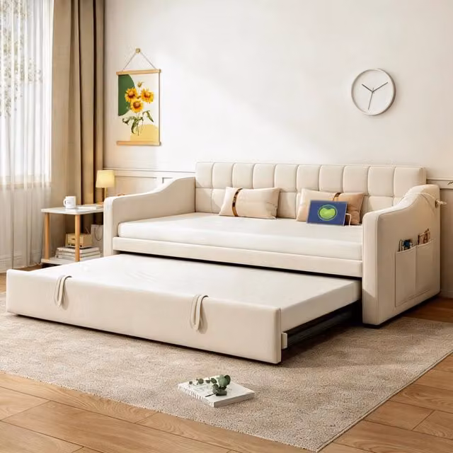 Letto divano estraibile singolo 90 × 190 cm con USB, tessuto velluto, senza materasso, beige per camera ospiti