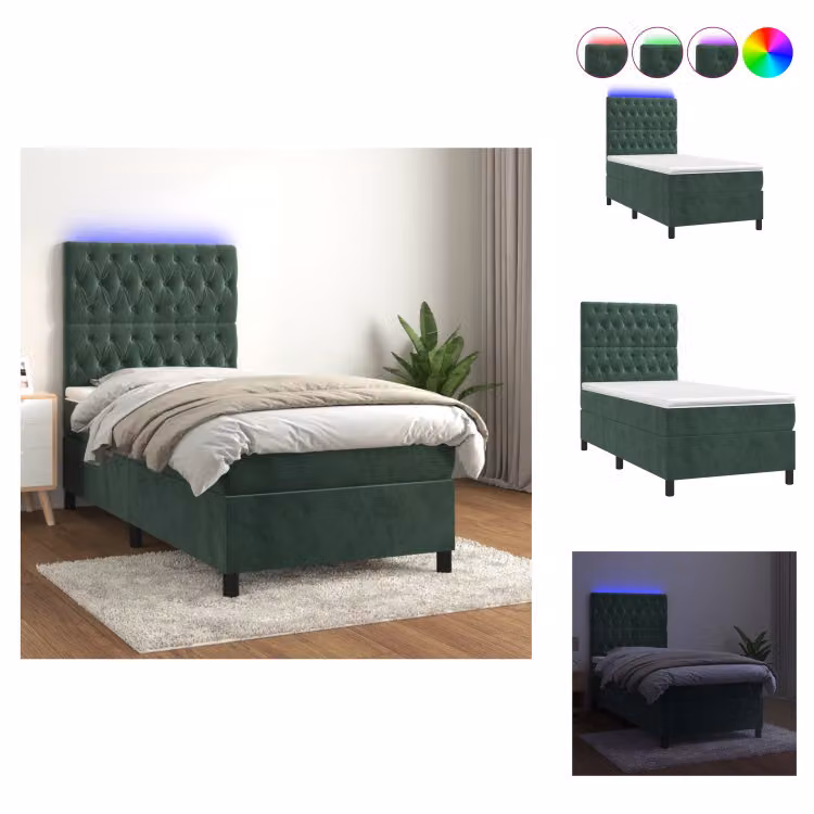 vidaXL Letto a molle con materasso e LED in velluto verde scuro 100x200 cm - Letti e strutture letto