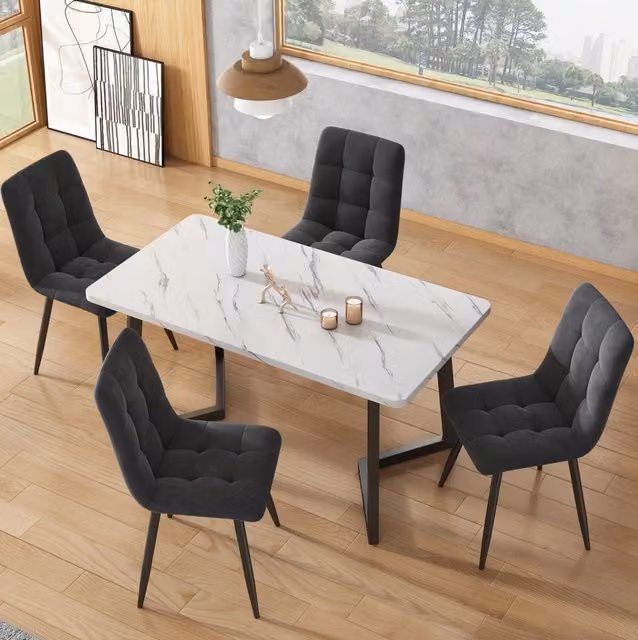 Set tavolo da pranzo 117 cm con 4 sedie grigio scuro, finitura marmo