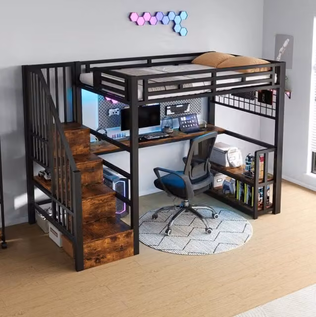 Letto a soppalco ULEVR 90x200 cm con scrivania, scala contenitore, LED regolabile e porte USB/Type-C, nero