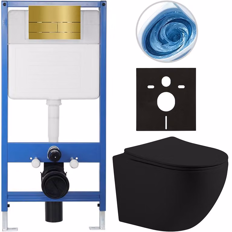 CERANO - Set completo per WC da incasso Lite/Cesso - nero opaco - pulsante per WC Line. dorato - installazione a parete - 49x36 cm
