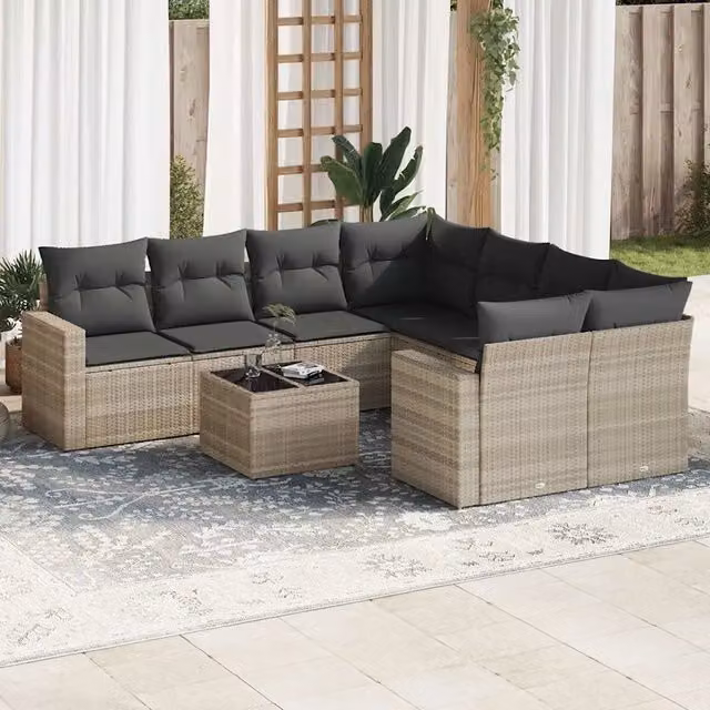 Set Divano da Giardino 9pz con Cuscini Grigio Chiaro Polyrattan 3251099