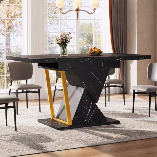 Tavolo allungabile da pranzo con piano estensibile in MDF e metallo nero effetto marmo 110–140 × 80 × 76 cm
